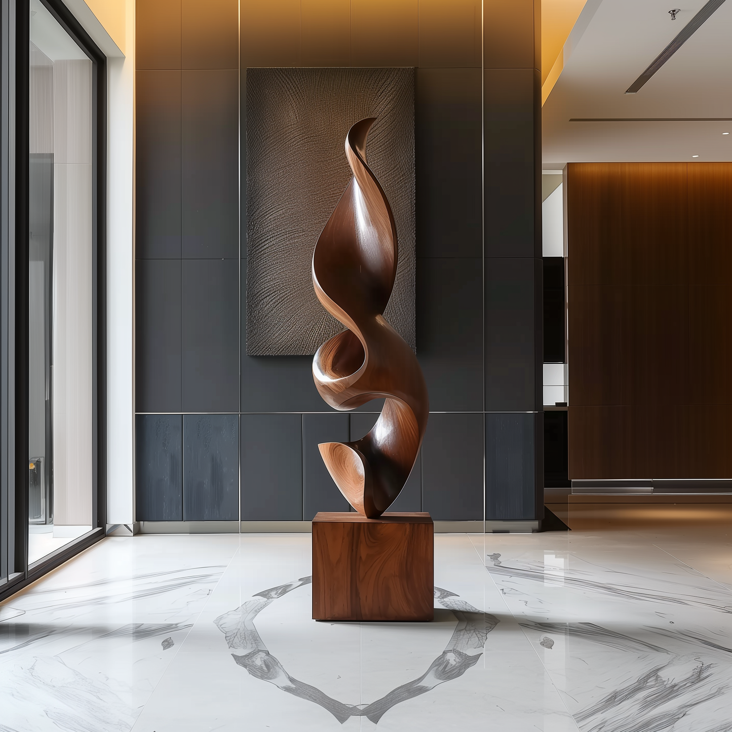 Hand Carved Abstract Wooden Flame Sculpture, Modern Organic Spiral Art, Luxury Large Statement Floor Decor, Minimal Contemporary Wood Artwork