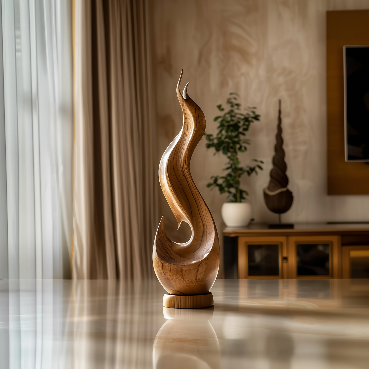 Hand Carved Wooden Flame Sculpture, Abstract Modern Floor Art, Solid Wood Spiral Statement Piece, Luxury Organic Home Decor