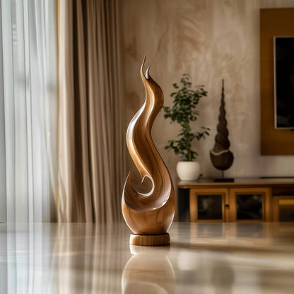 Hand Carved Wooden Flame Sculpture, Abstract Modern Floor Art, Solid Wood Spiral Statement Piece, Luxury Organic Home Decor