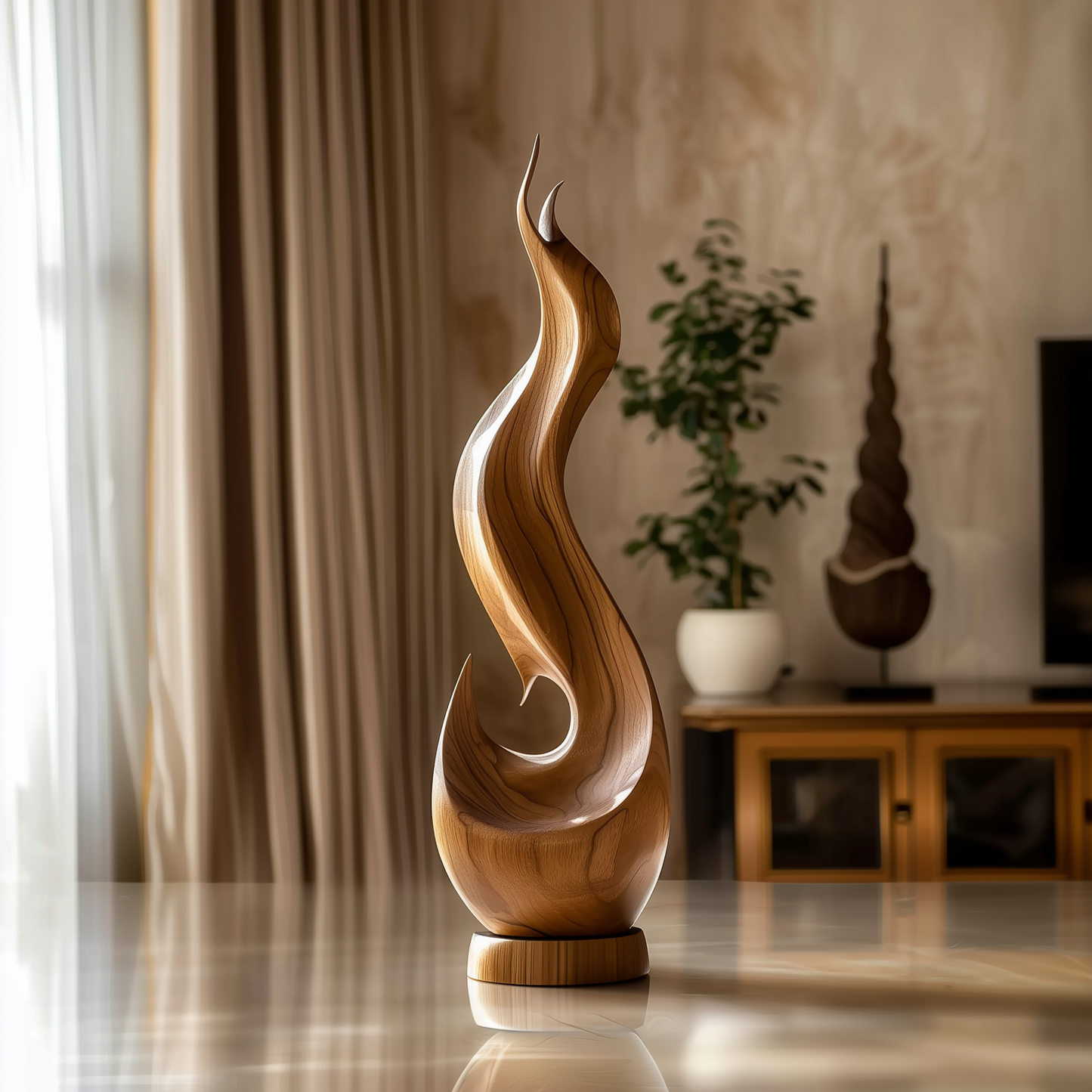 Hand Carved Wooden Flame Sculpture, Abstract Modern Floor Art, Solid Wood Spiral Statement Piece, Luxury Organic Home Decor
