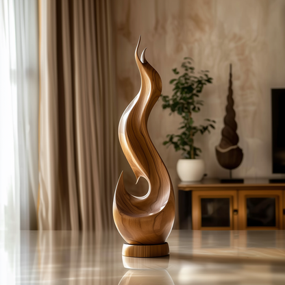 Hand Carved Wooden Flame Sculpture, Abstract Modern Floor Art, Solid Wood Spiral Statement Piece, Luxury Organic Home Decor