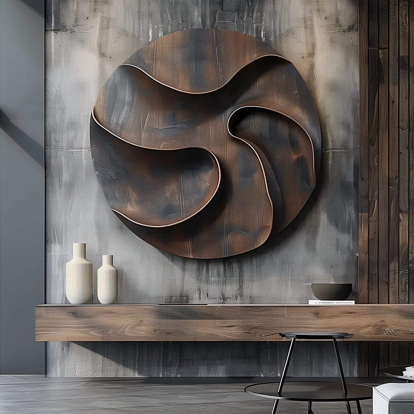 Round Abstract Wooden Wall Art Sculpture, Layered Organic Swirl Design, Modern 3D Wood Carving, Luxury Statement Wall Decor