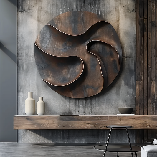 Round Abstract Wooden Wall Art Sculpture, Layered Organic Swirl Design, Modern 3D Wood Carving, Luxury Statement Wall Decor