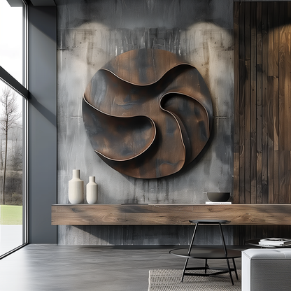 Round Abstract Wooden Wall Art Sculpture, Layered Organic Swirl Design, Modern 3D Wood Carving, Luxury Statement Wall Decor