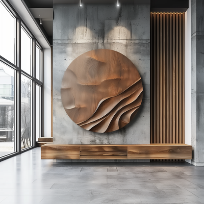 Large Round Wooden Wall Sculpture, Layered Wave Relief Art, Organic Wood Grain, Modern Minimalist Luxury Statement Decor