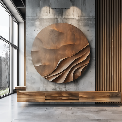 Large Round Wooden Wall Sculpture, Layered Wave Relief Art, Organic Wood Grain, Modern Minimalist Luxury Statement Decor
