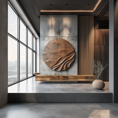 Large Round Wooden Wall Sculpture, Layered Wave Relief Art, Organic Wood Grain, Modern Minimalist Luxury Statement Decor