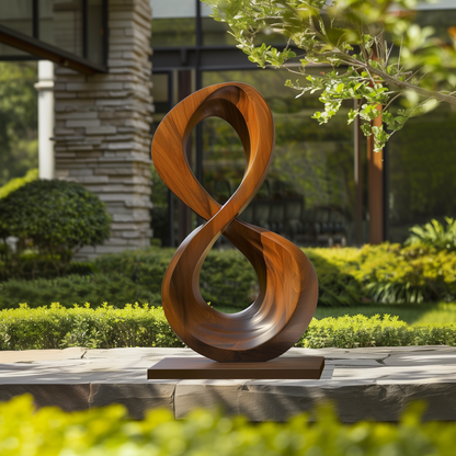 Large Infinity Loop Wooden Sculpture Hand Carved Solid Wood Abstract Modern Garden Entryway Luxury Decor