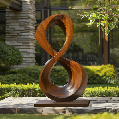 Large Infinity Loop Wooden Sculpture Hand Carved Solid Wood Abstract Modern Garden Entryway Luxury Decor