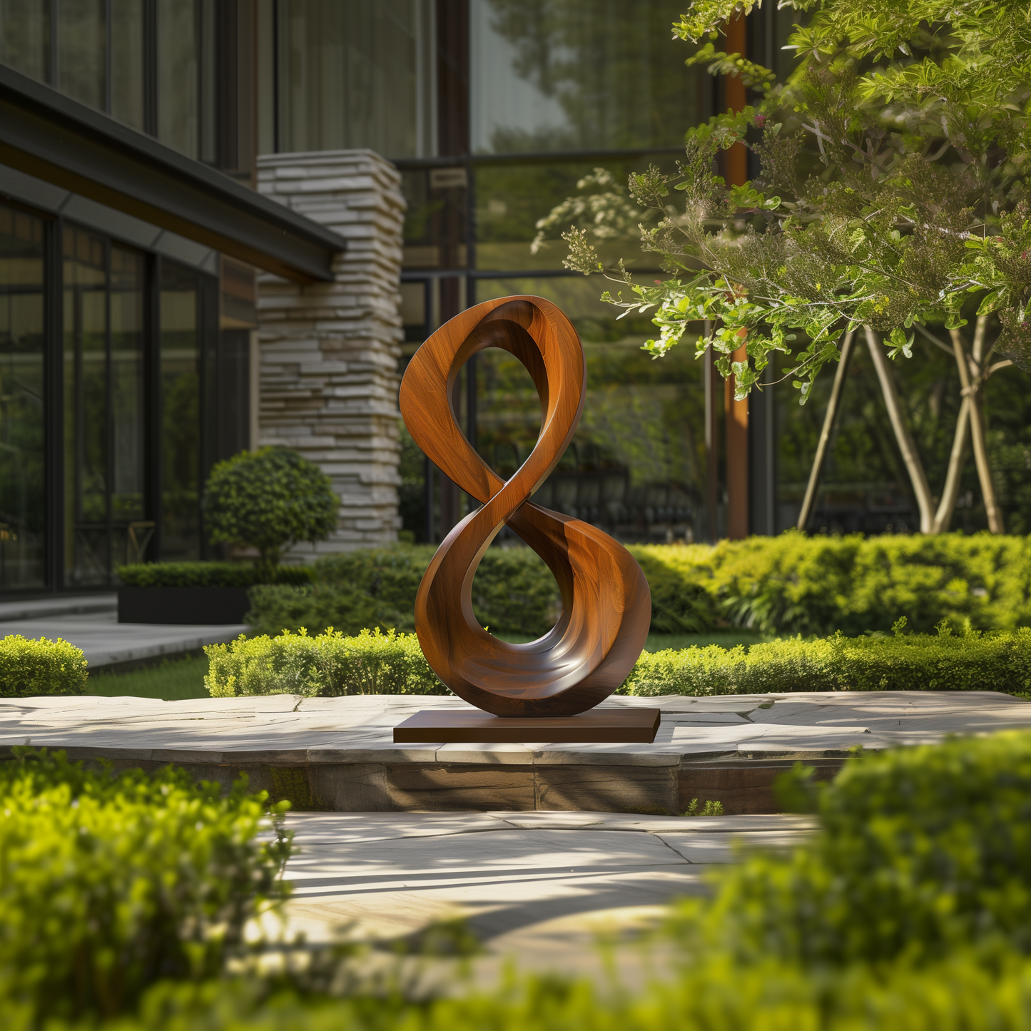 Large Infinity Loop Wooden Sculpture Hand Carved Solid Wood Abstract Modern Garden Entryway Luxury Decor