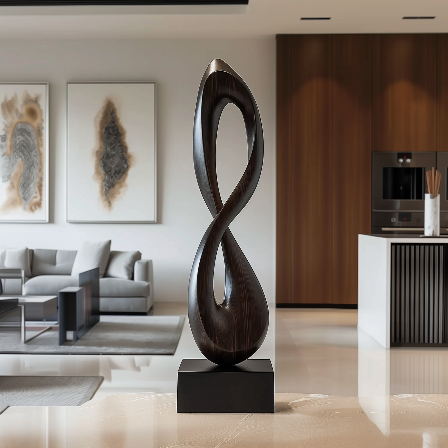 Tall Infinity Loop Wooden Sculpture Hand Carved Solid Wood Abstract Twist Modern Luxury Home Decor