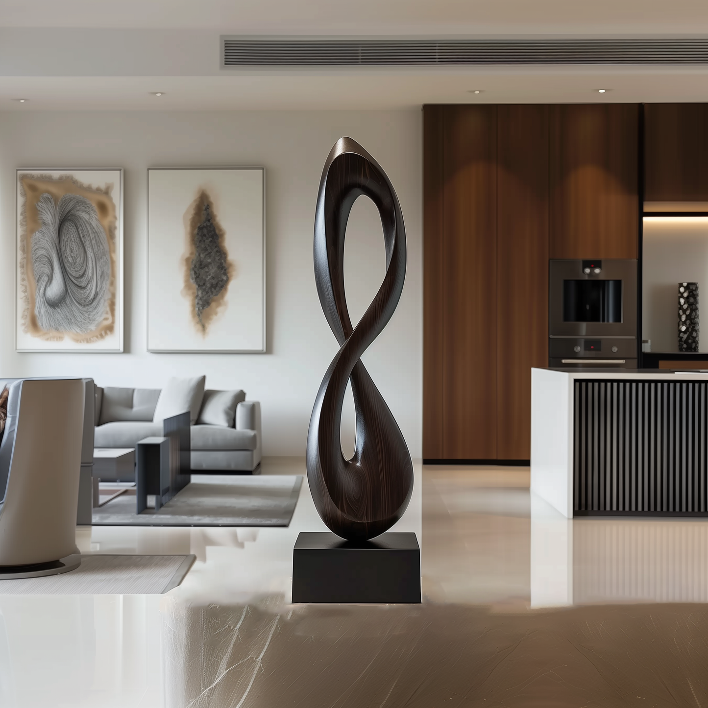 Tall Infinity Loop Wooden Sculpture Hand Carved Solid Wood Abstract Twist Modern Luxury Home Decor
