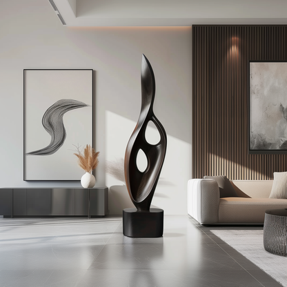 Tall Black Flame Cutout Sculpture Hand Carved Solid Wood Abstract Modern Luxury Home Decor