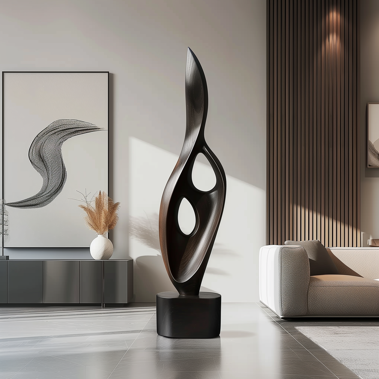 Tall Black Flame Cutout Sculpture Hand Carved Solid Wood Abstract Modern Luxury Home Decor