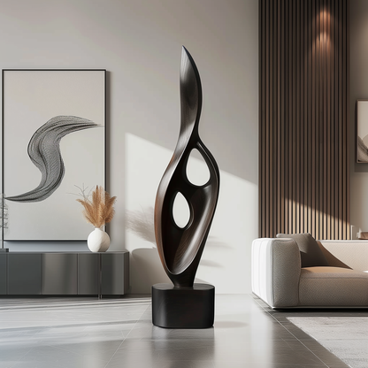 Tall Black Flame Cutout Sculpture Hand Carved Solid Wood Abstract Modern Luxury Home Decor