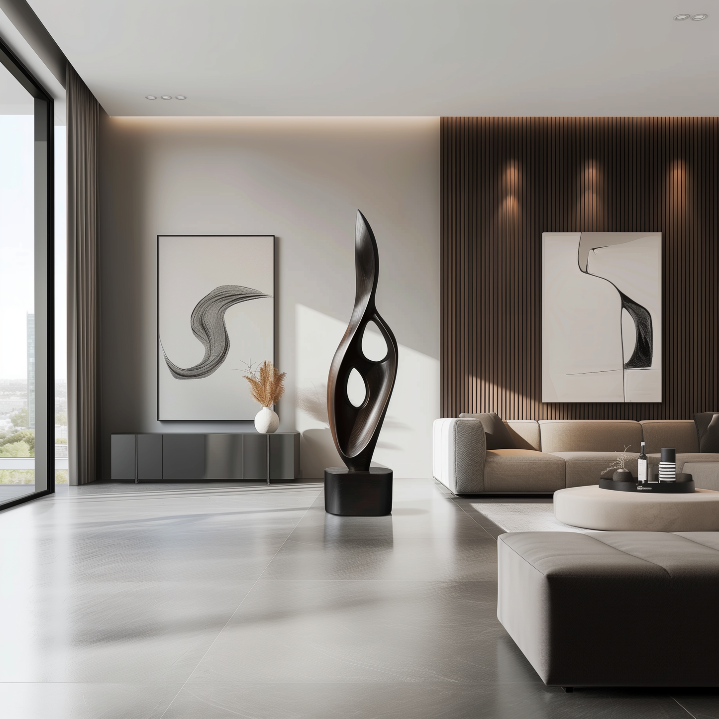 Tall Black Flame Cutout Sculpture Hand Carved Solid Wood Abstract Modern Luxury Home Decor