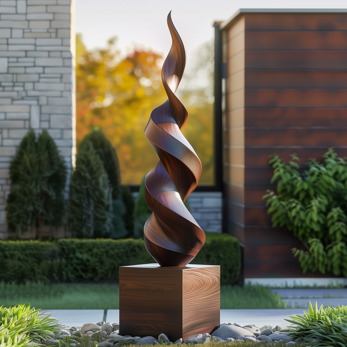 Tall Twisted Flame Wooden Sculpture Hand Carved Solid Wood Abstract Spiral Modern Outdoor Garden Luxury Decor