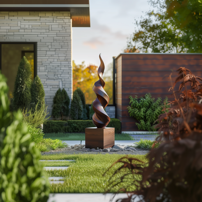 Tall Twisted Flame Wooden Sculpture Hand Carved Solid Wood Abstract Spiral Modern Outdoor Garden Luxury Decor