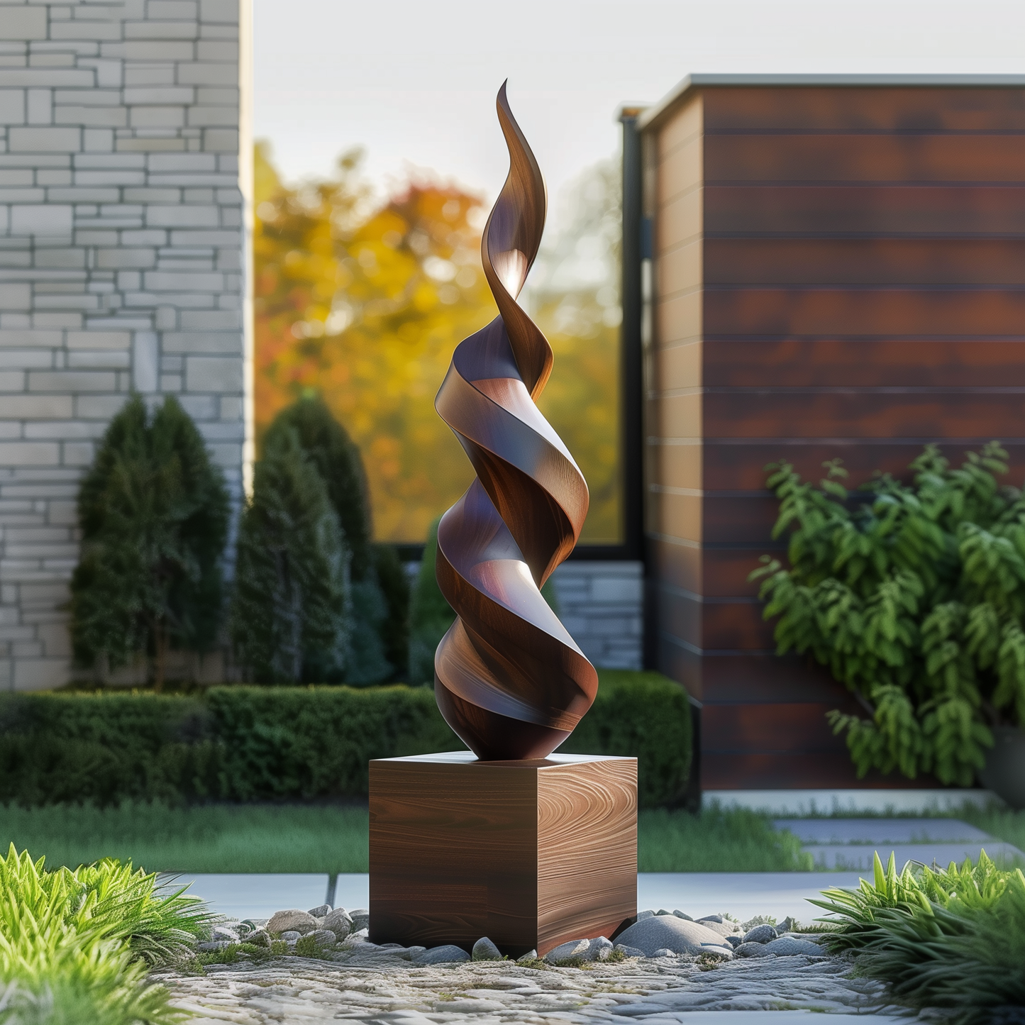 Tall Twisted Flame Wooden Sculpture Hand Carved Solid Wood Abstract Spiral Modern Outdoor Garden Luxury Decor