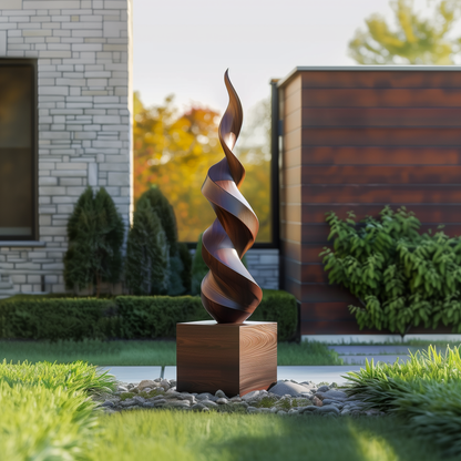 Tall Twisted Flame Wooden Sculpture Hand Carved Solid Wood Abstract Spiral Modern Outdoor Garden Luxury Decor