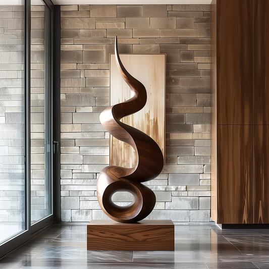 Hand Carved Abstract Infinity Loop Wooden Sculpture, Modern Spiral Flame Art, Luxury Large Statement Decor, Organic Minimal Wood Artwork