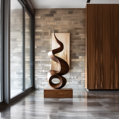 Hand Carved Abstract Infinity Loop Wooden Sculpture, Modern Spiral Flame Art, Luxury Large Statement Decor, Organic Minimal Wood Artwork