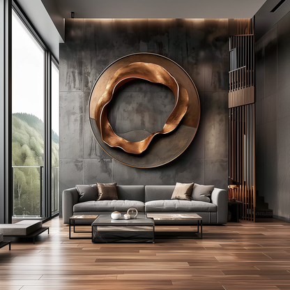 Large Abstract Round Wood Wall Sculpture, 3D Carved Organic Loop Design, Modern Luxury Statement Wall Art, Handmade Wooden Decor