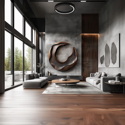 Abstract Round Wooden Wall Sculpture, Modern Crescent Loop Wall Art, Copper Black 3D Carved Statement Decor, Luxury Minimalist Home Accent