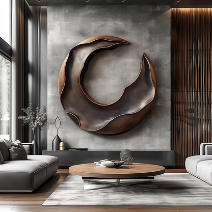 Abstract Round Wooden Wall Sculpture, Modern Crescent Loop Wall Art, Copper Black 3D Carved Statement Decor, Luxury Minimalist Home Accent
