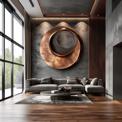 Hand Carved Round Wooden Wall Sculpture, Layered Swirl Abstract 3D Art, Copper Tone Modern Luxury Statement Wall Decor