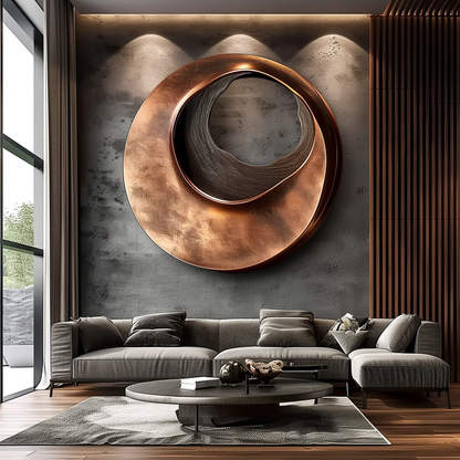 Hand Carved Round Wooden Wall Sculpture, Layered Swirl Abstract 3D Art, Copper Tone Modern Luxury Statement Wall Decor
