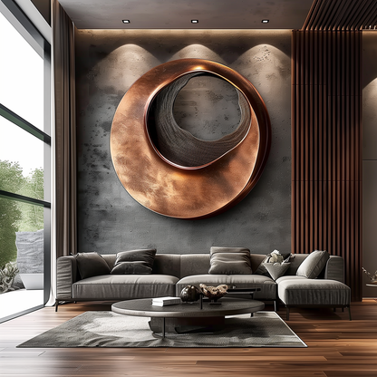 Hand Carved Round Wooden Wall Sculpture, Layered Swirl Abstract 3D Art, Copper Tone Modern Luxury Statement Wall Decor