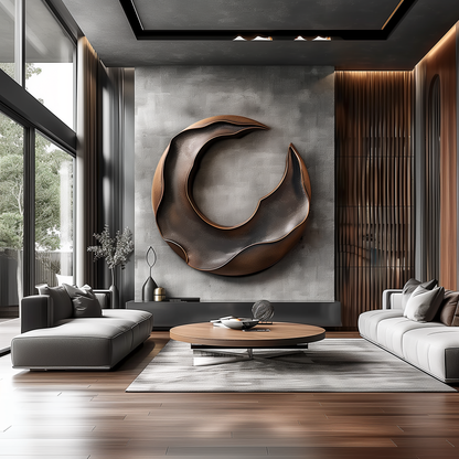 Abstract Round Wooden Wall Sculpture, Modern Crescent Loop Wall Art, Copper Black 3D Carved Statement Decor, Luxury Minimalist Home Accent