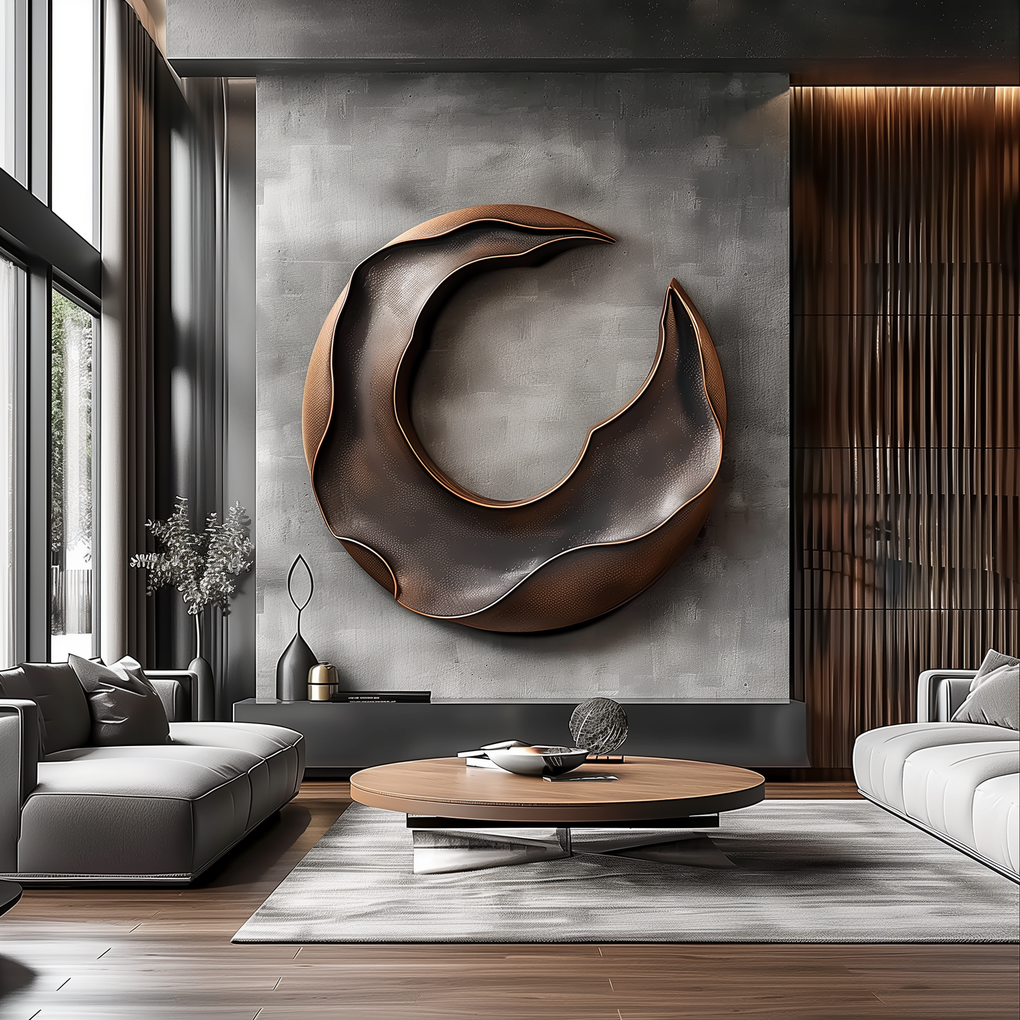Abstract Round Wooden Wall Sculpture, Modern Crescent Loop Wall Art, Copper Black 3D Carved Statement Decor, Luxury Minimalist Home Accent
