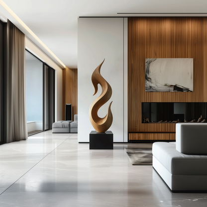 Hand Carved Abstract Wooden Flame Sculpture, Modern Organic Spiral Art, Luxury Large Statement Floor Decor, Minimal Contemporary Wood Artwork