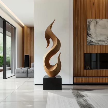 Hand Carved Abstract Wooden Flame Sculpture, Modern Organic Spiral Art, Luxury Large Statement Floor Decor, Minimal Contemporary Wood Artwork