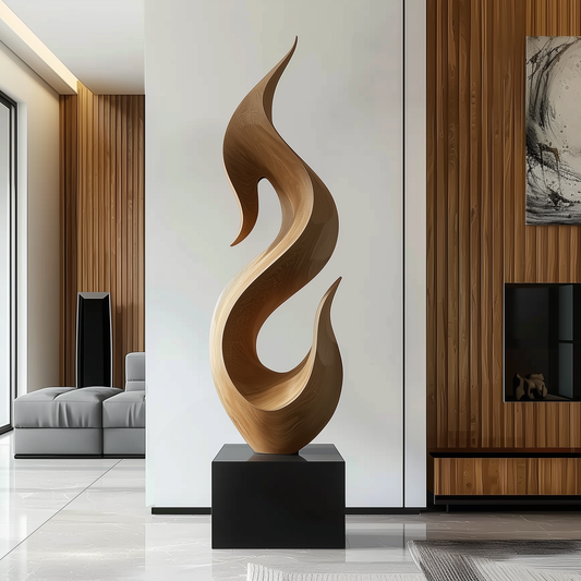 Hand Carved Abstract Wooden Flame Sculpture, Modern Organic Spiral Art, Luxury Large Statement Floor Decor, Minimal Contemporary Wood Artwork