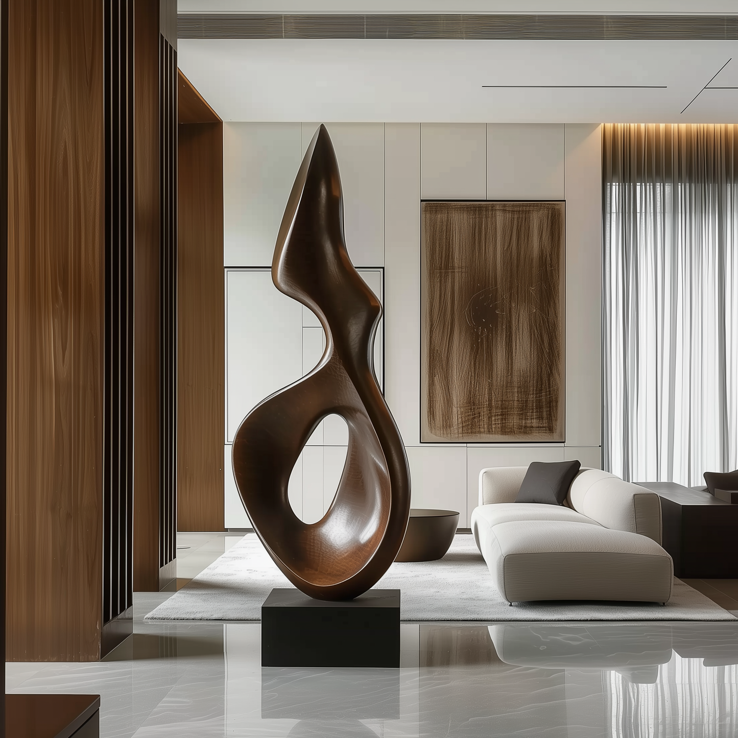Hand Carved Abstract Infinity Loop Wooden Sculpture, Modern Minimal Organic Flame Art, Luxury Large Statement Floor Decor, Contemporary Wood Artwork