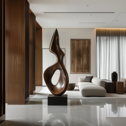 Hand Carved Abstract Infinity Loop Wooden Sculpture, Modern Minimal Organic Flame Art, Luxury Large Statement Floor Decor, Contemporary Wood Artwork