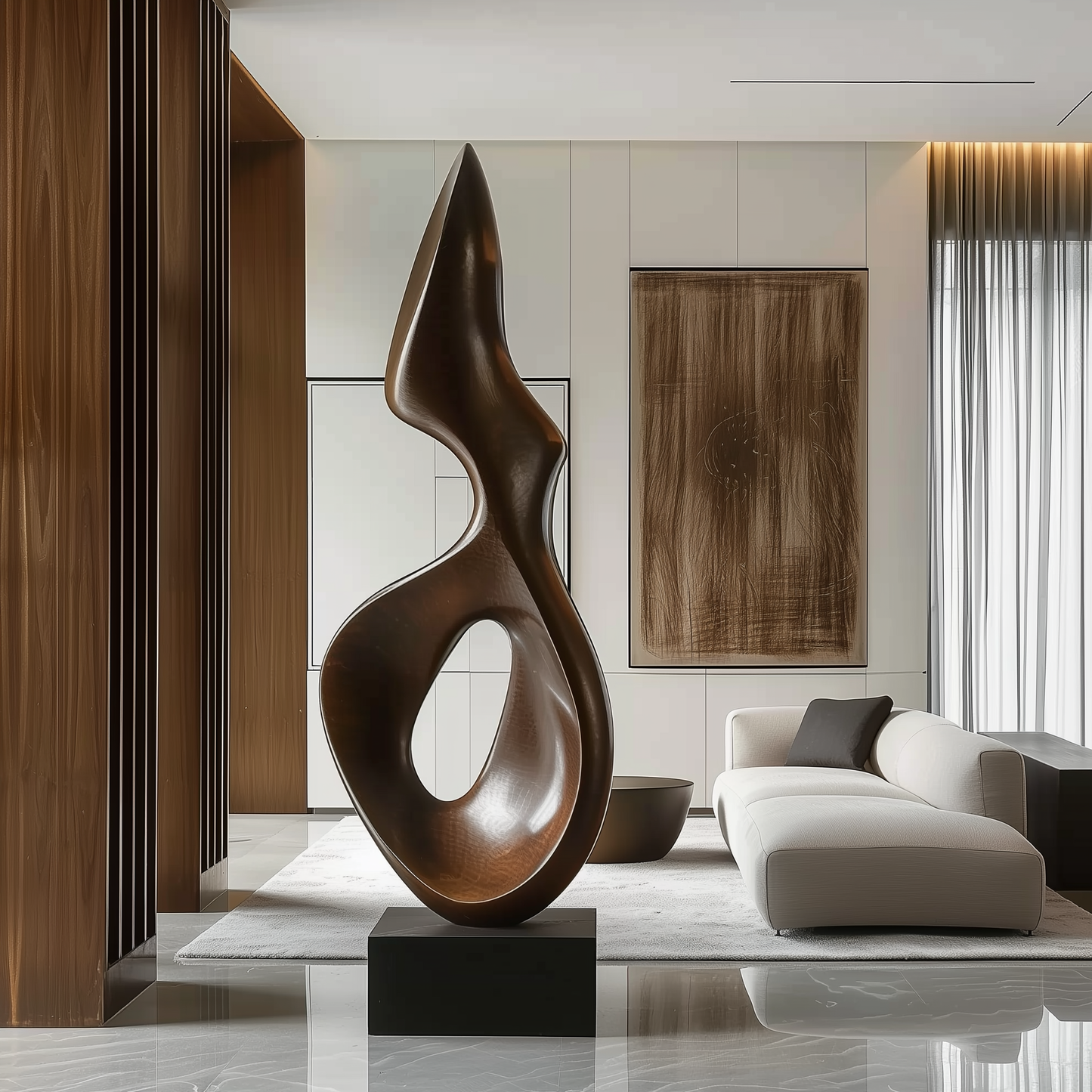 Hand Carved Abstract Infinity Loop Wooden Sculpture, Modern Minimal Organic Flame Art, Luxury Large Statement Floor Decor, Contemporary Wood Artwork