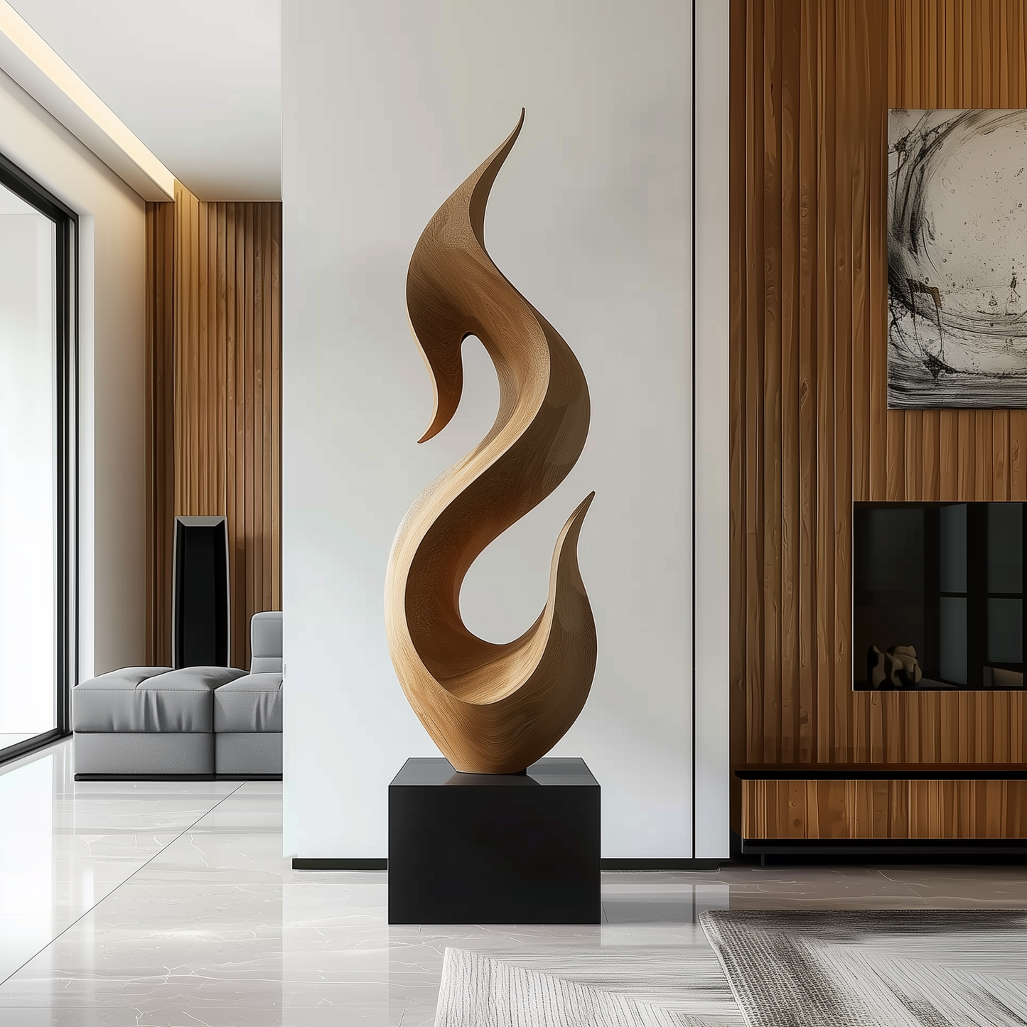 Hand Carved Abstract Wooden Flame Sculpture, Modern Organic Spiral Art, Luxury Large Statement Floor Decor, Minimal Contemporary Wood Artwork