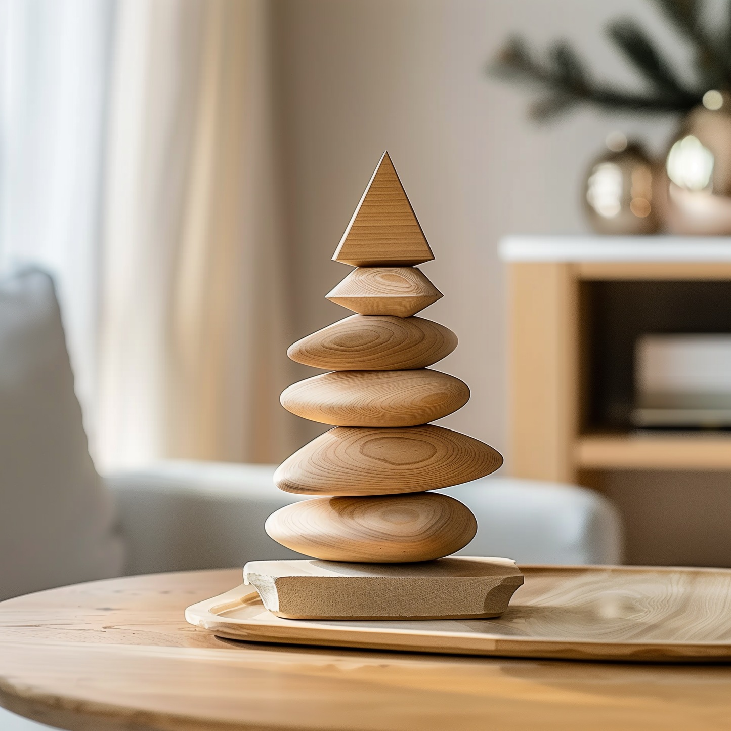 Wooden Balance Stone Sculpture Hand Carved Solid Wood Zen Stacked Form Minimalist Table Meditation Home Decor