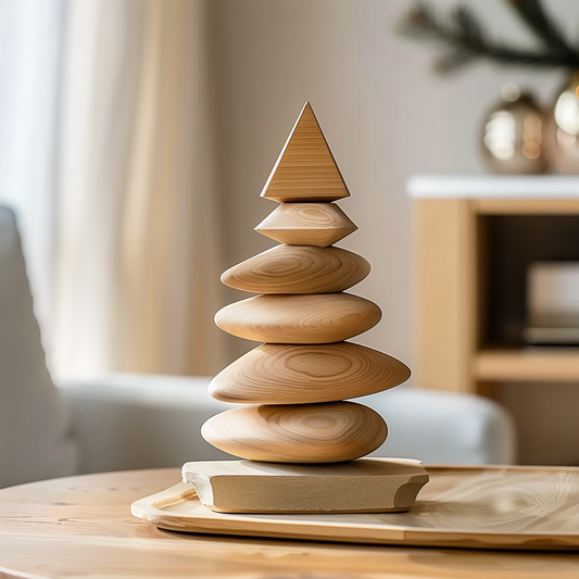 Wooden Balance Stone Sculpture Hand Carved Solid Wood Zen Stacked Form Minimalist Table Meditation Home Decor