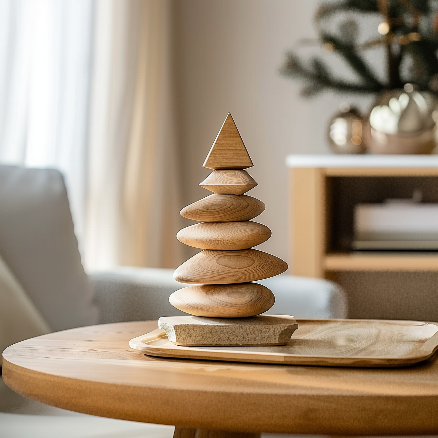 Wooden Balance Stone Sculpture Hand Carved Solid Wood Zen Stacked Form Minimalist Table Meditation Home Decor
