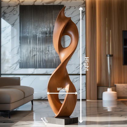 Hand Carved Wooden Infinity Flame Sculpture, Tall Abstract Loop with Dual Open Circles, Modern Organic Floor Art, Luxury Statement Decor