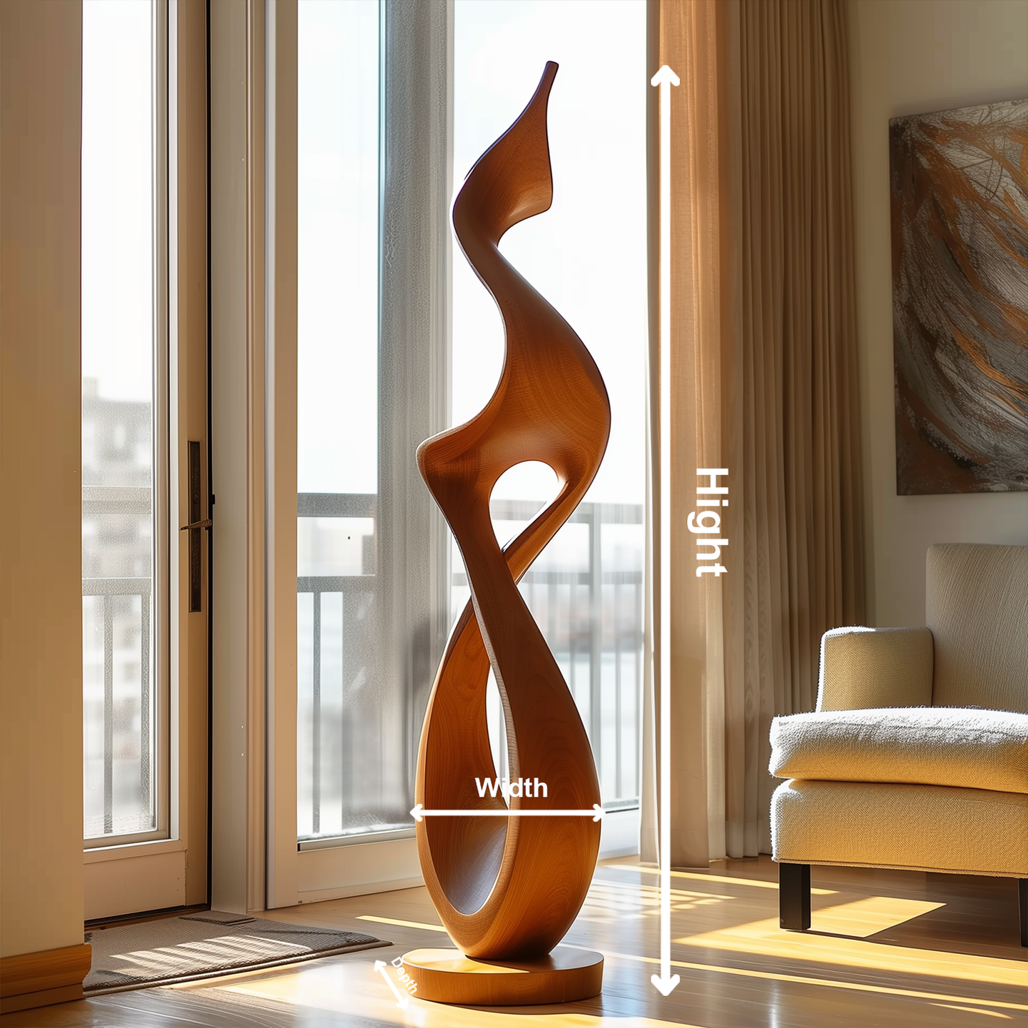 Hand Carved Tall Infinity Twist Wooden Sculpture, Abstract Flame Form Floor Art, Luxury Modern Organic Statement Decor for Living Room