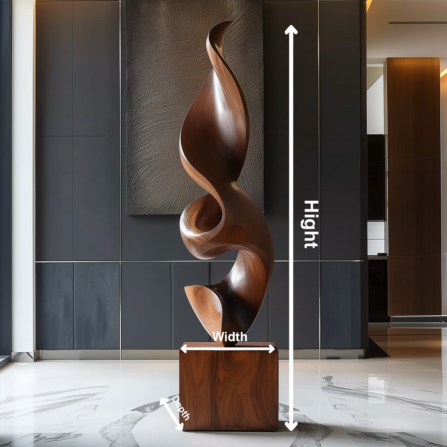 Hand Carved Abstract Wooden Flame Sculpture, Modern Organic Spiral Art, Luxury Large Statement Floor Decor, Minimal Contemporary Wood Artwork