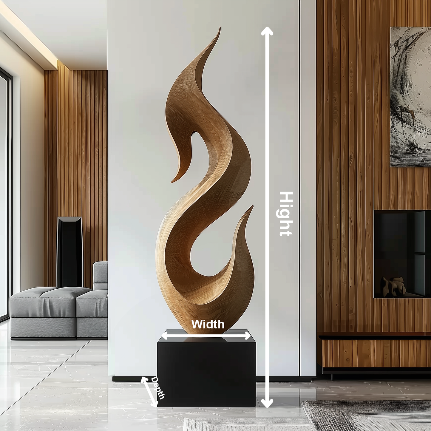 Hand Carved Abstract Wooden Flame Sculpture, Modern Organic Spiral Art, Luxury Large Statement Floor Decor, Minimal Contemporary Wood Artwork