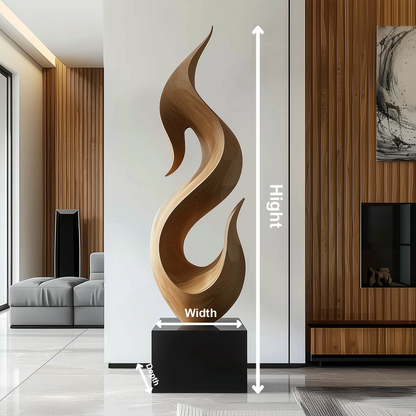 Hand Carved Abstract Wooden Flame Sculpture, Modern Organic Spiral Art, Luxury Large Statement Floor Decor, Minimal Contemporary Wood Artwork