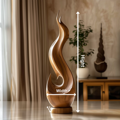 Hand Carved Wooden Flame Sculpture, Abstract Modern Floor Art, Solid Wood Spiral Statement Piece, Luxury Organic Home Decor